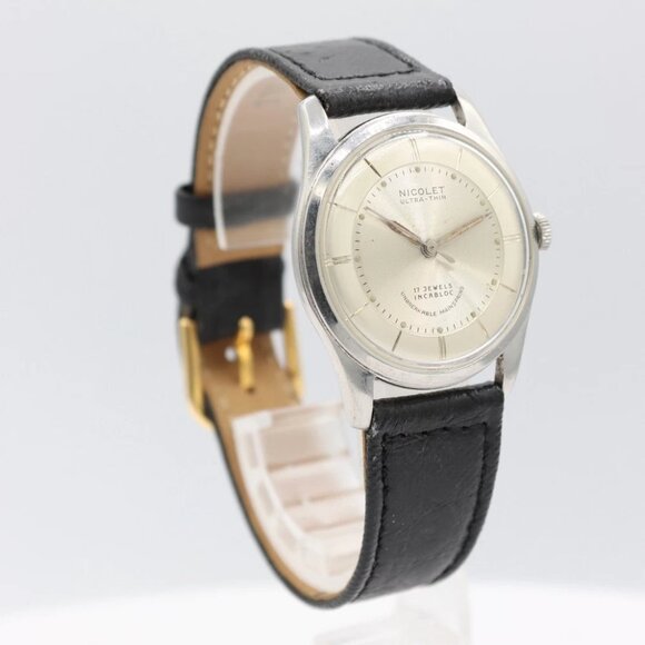 Vintage 33mm Nicolet Ultra-Thin Men\'s Mechanical Wristwatch 72 Swiss Steel